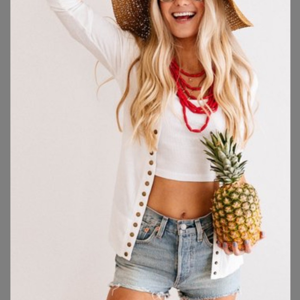 Ivory Three-Quarter Sleeve Snap Cardigan